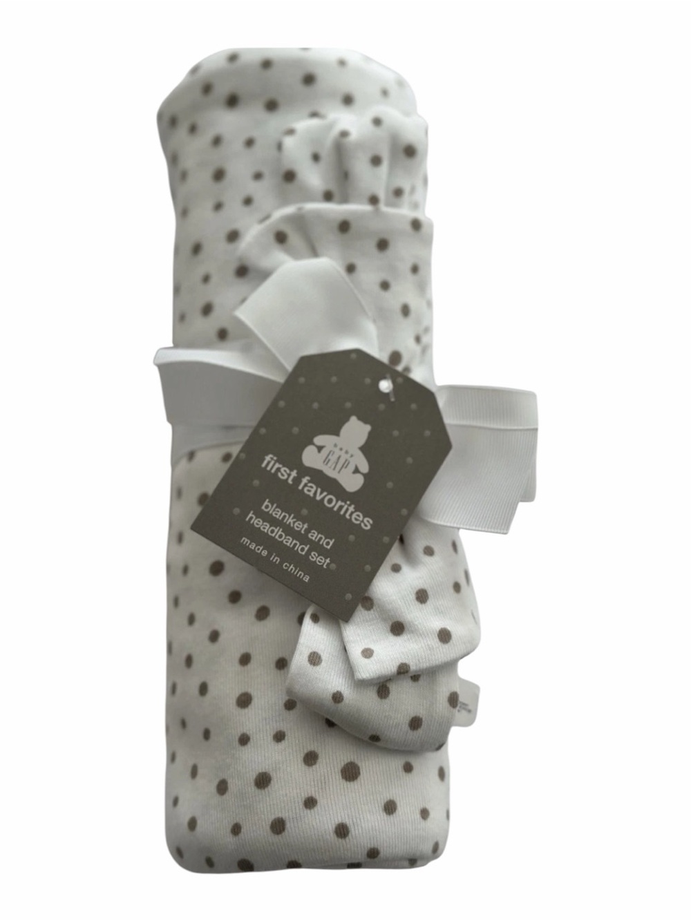GAP Baby White and Tan Polka Dot Swaddle Blanket Set With Head Band, NEW